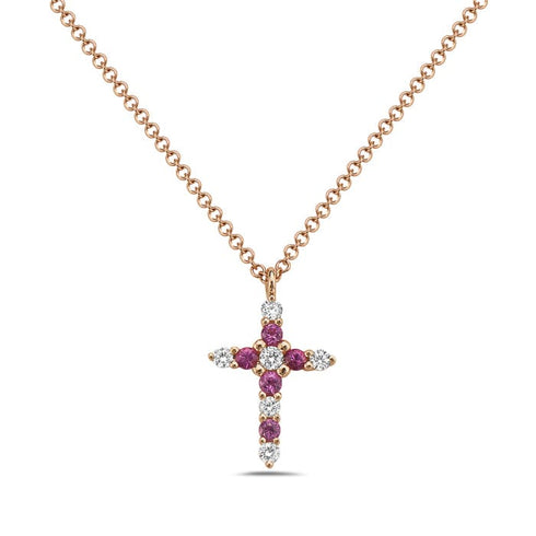 14K Rose Gold Pink Sapphire & Diamond Cross Necklace